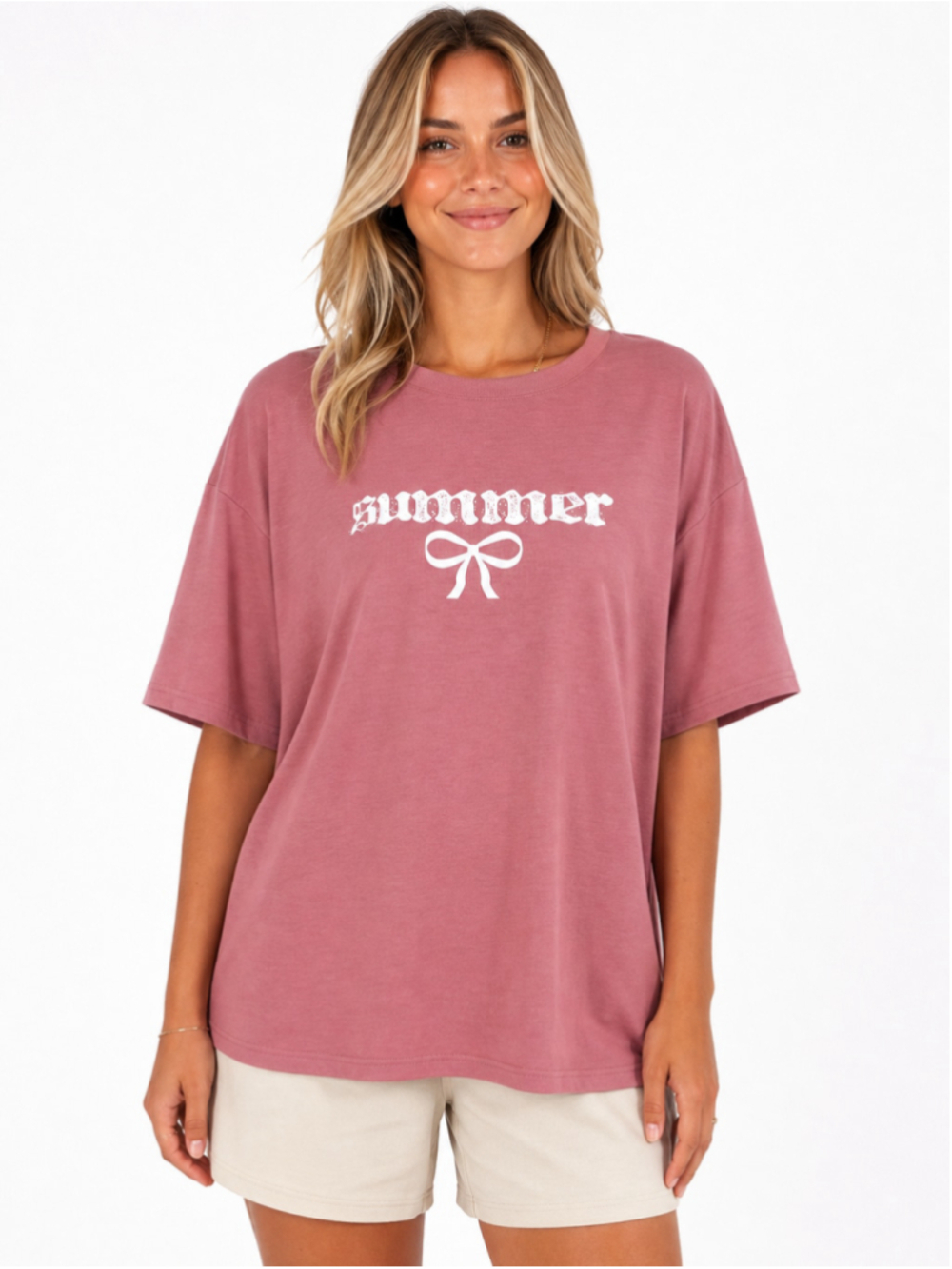 Shein Women's Small Pink Oversized Graphic T-Shirt with "Summer" and a Bow NWT